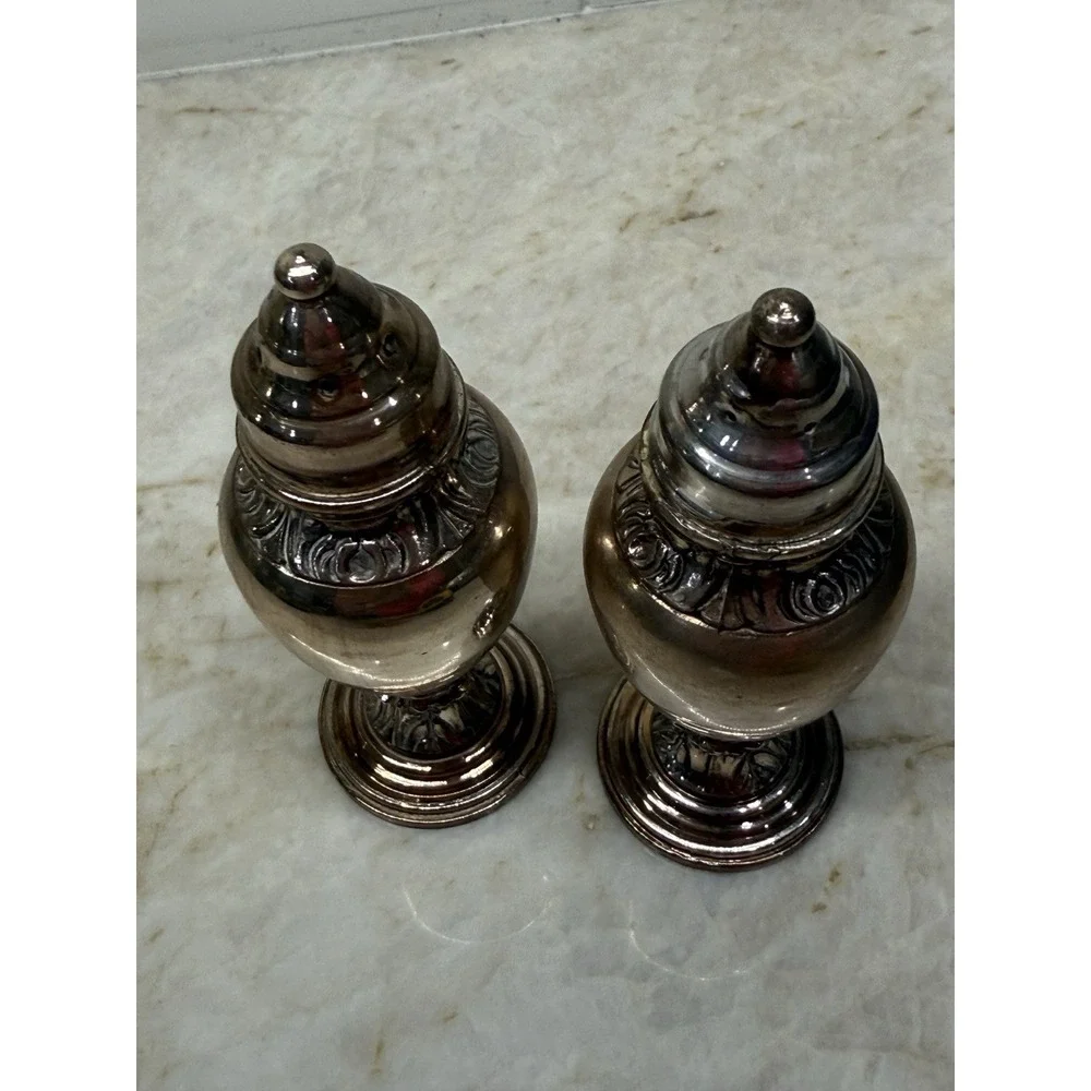 Vintage Silver Plate Salt & Pepper Shakers Made USA #353 Etched Symbols Design